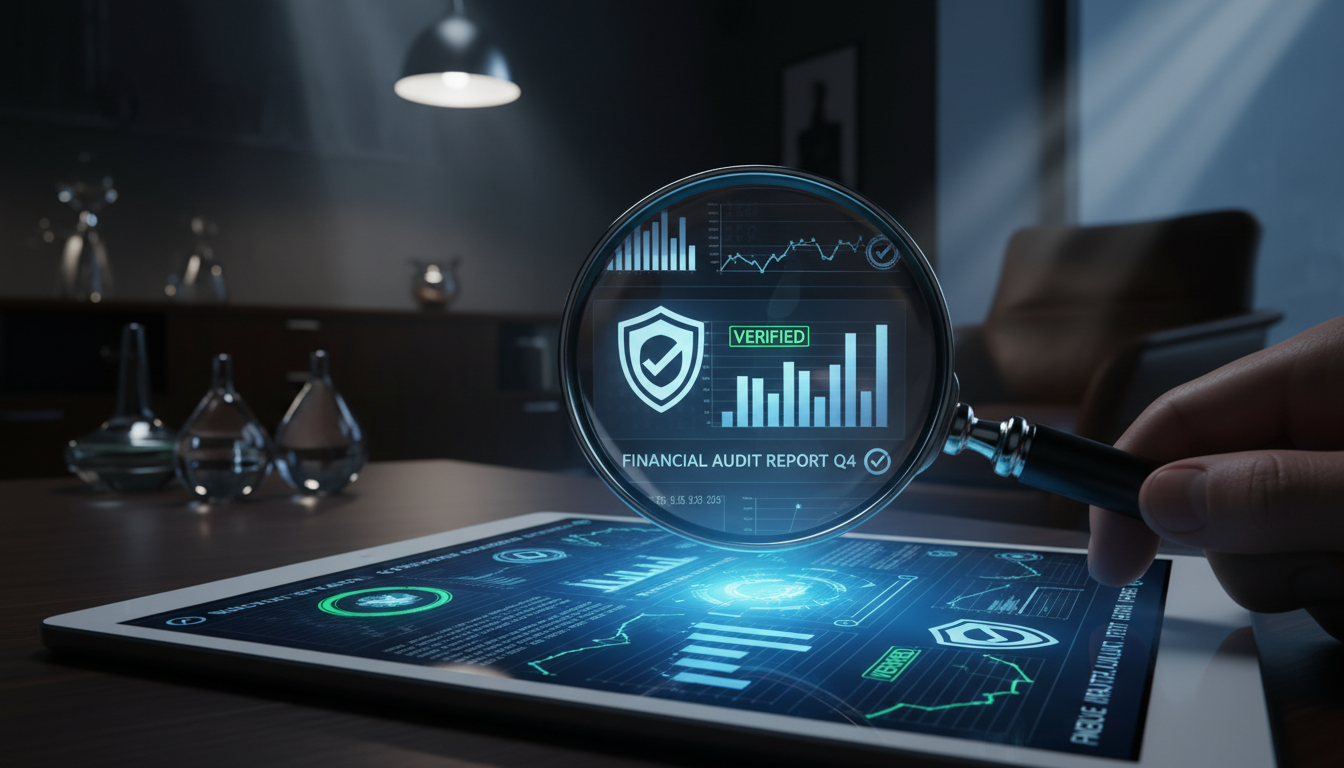 Magnifying glass over a financial document with digital code elements