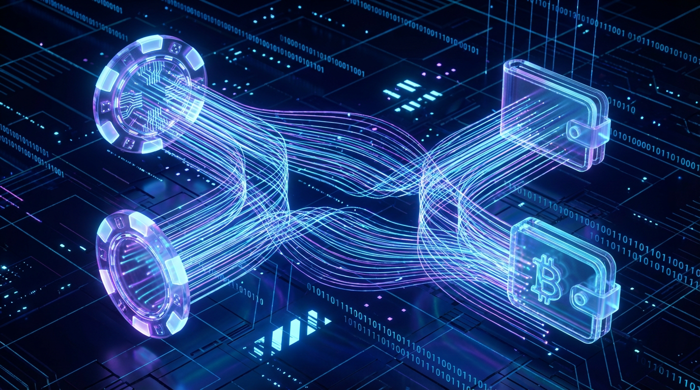 Abstract digital representation of fast payment processing with glowing lines connecting a casino chip to a wallet icon