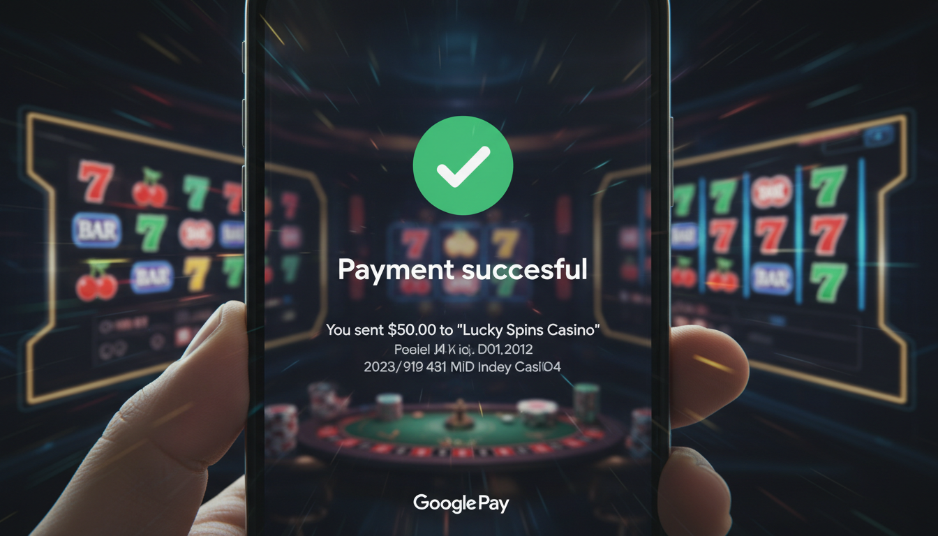 Smartphone displaying Google Pay confirmation in an online casino environment