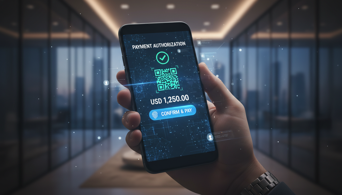 Smartfon wyświetlający proces autoryzacji płatności mobilnej w aplikacji portfela elektronicznego